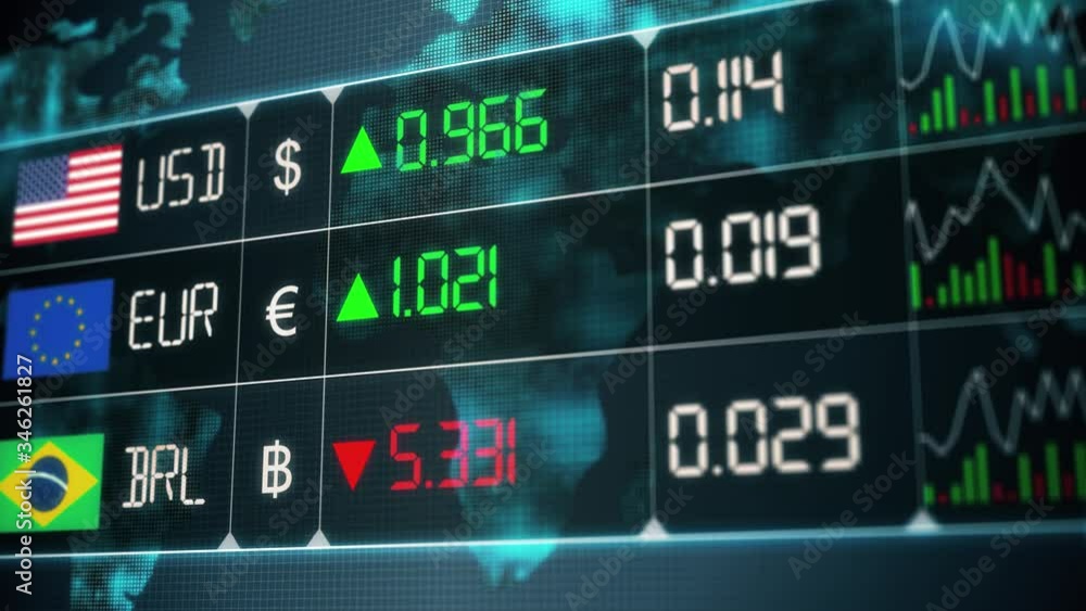 Evolution of currencies in the world market with up and downs of Brazilian Real, Euro, US dollar. Currency market with green and red digital animation of prices in financial and ecomonic crisis Evolution of currencies in the world market with up and downs of Brazilian Real, Euro, US dollar. Currency market with green and red digital animation of prices in financial and ecomonic crisis
