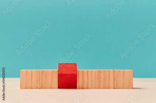 Fototapeta Naklejka Na Ścianę i Meble -  Business mockup for creative design. Template with wooden cubes. Blank blocks in line, one red brick, place for text