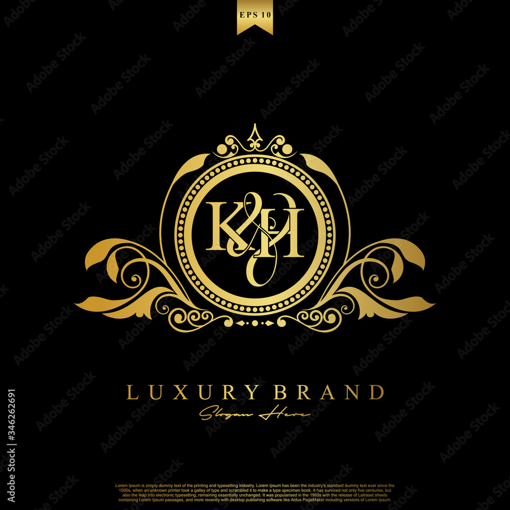 Logo Initial letter KH luxury vector mark, gold color elegant classical symmetric curves decor. Logo Initial letter KH luxury vector mark, gold color elegant classical symmetric curves decor.