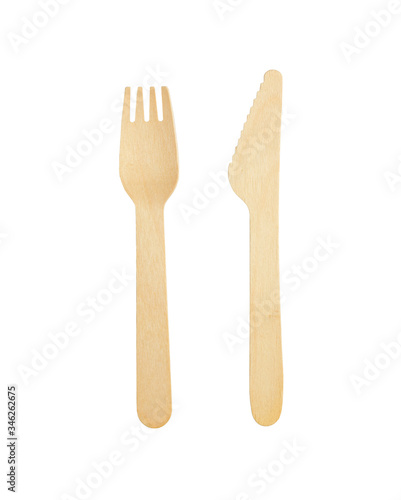 Wood knife and fork isolated on white background. Zero waste concept. No plastic. Top view, Sustainable life
