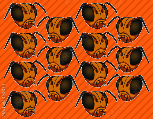 Asian orange giant hornet or Vespa mandarinia head wallpaper over geometric black pattern. Vector illustration photo