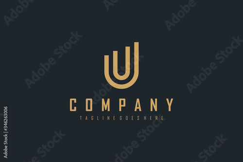 Abstract Initial Letter U Logo. Gold Geometric Linear Statistic Style isolated on Black Background. Usable for Business and Building Logos. Flat Vector Logo Design Template Element. photo