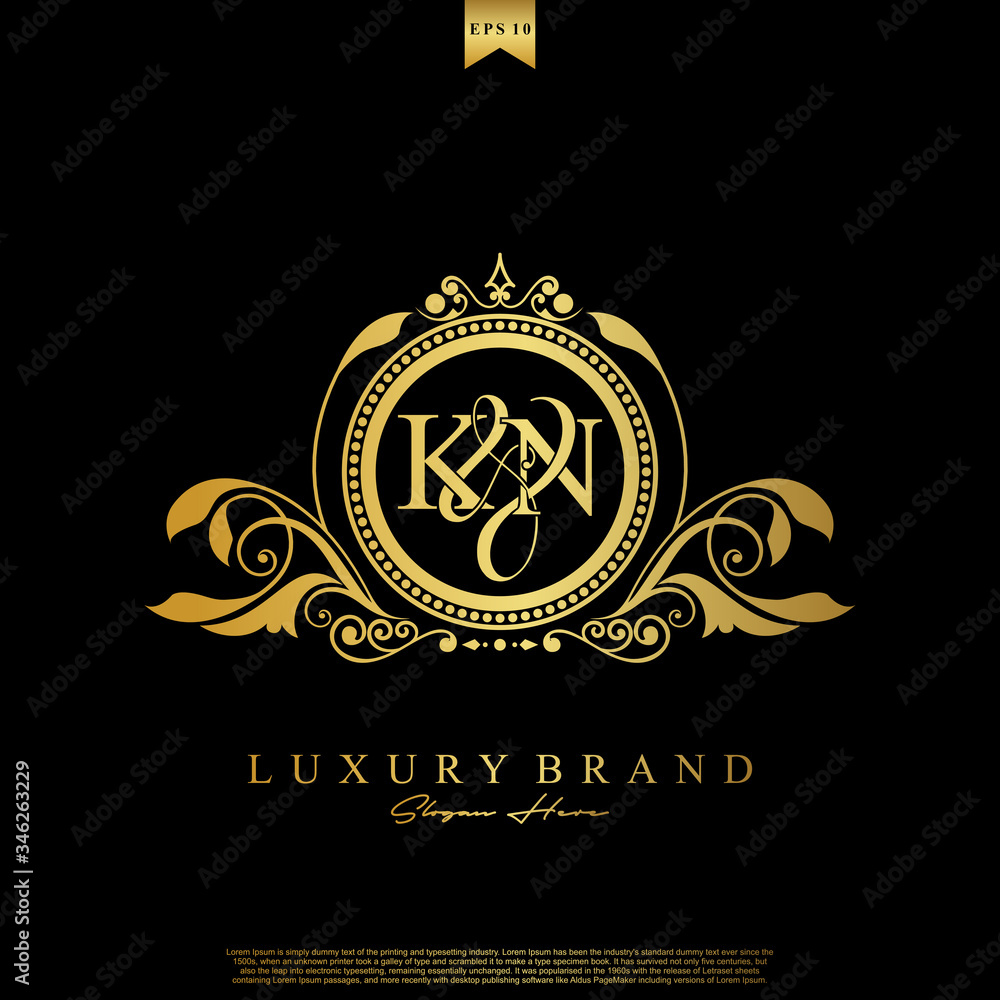 Logo Initial letter KN luxury vector mark, gold color elegant classical symmetric curves decor. Logo Initial letter KN luxury vector mark, gold color elegant classical symmetric curves decor.