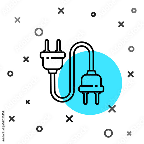 Black line Electric plug icon isolated on white background. Concept of connection and disconnection of the electricity. Random dynamic shapes. Vector Illustration