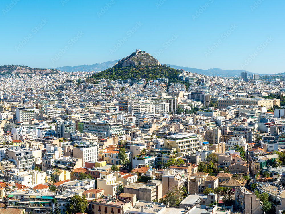 Fototapeta premium Mount Lycabettus and the Neighborhoods of Plaka, Kolonaki, and Syntagma in Athens, Greece