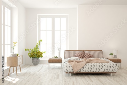 White bedroom interior. Scandinavian design. 3D illustration