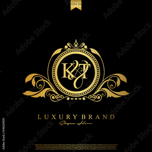 Logo Initial letter KT luxury vector mark, gold color elegant classical symmetric curves decor.