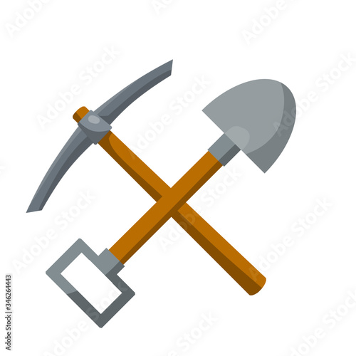 Pick and shovel. Miner and digger tool. Items for extraction of minerals. Cartoon flat illustration. Logo of Labour and work. Rural tool. Iron pickaxe
