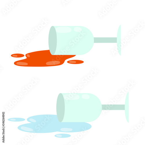 Wineglass set with wine and water. overturned glass tumbler with spilled red and blue liquid. Cartoon flat illustration