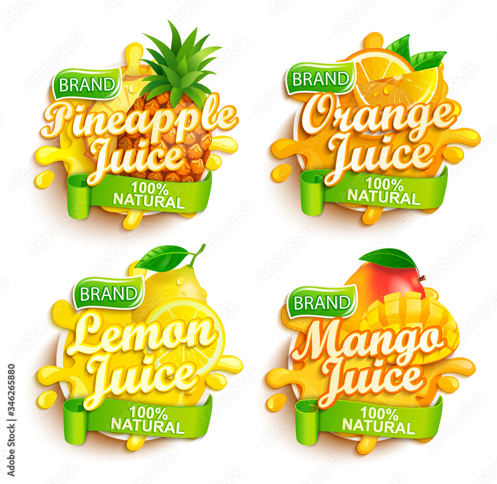 Set of fresh juices logo. Pineapple, orange, lemon and mango sap label with splash, fruit slice for brand,template,emblem,store,packaging,advertising.100 percent natural tropical juice.Vector. Set of fresh juices logo. Pineapple, orange, lemon and mango sap label with splash, fruit slice for brand,template,emblem,store,packaging,advertising.100 percent natural tropical juice.Vector.