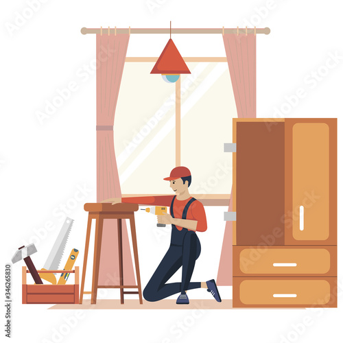 Furniture assembly concept illustration. Workers of manufacture with professional tools. Help from furniture store professional. Flat cartoon vector illustration