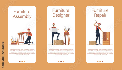 Furniture assembly concept illustration. Workers of manufacture with professional tools. Help from furniture store professional. Flat cartoon vector illustration