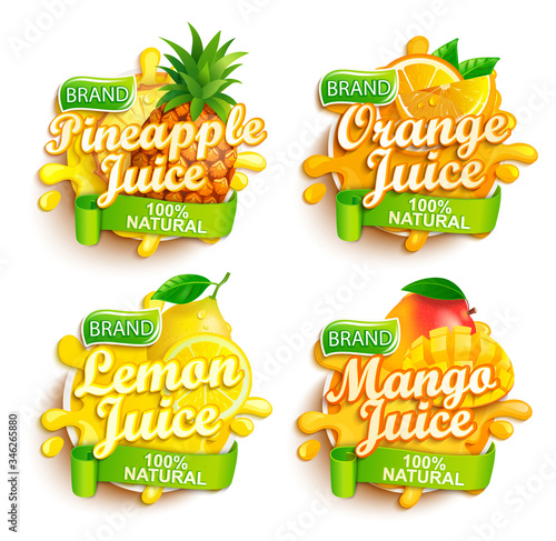 Set of fresh juices logo. Pineapple, orange, lemon and mango sap label with splash, fruit slice for brand,template,emblem,store,packaging,advertising.100 percent natural tropical juice.Vector.
