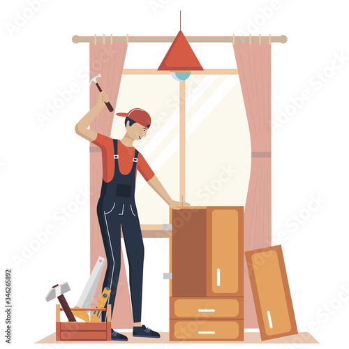Furniture assembly concept illustration. Workers of manufacture with professional tools. Help from furniture store professional. Flat cartoon vector illustration