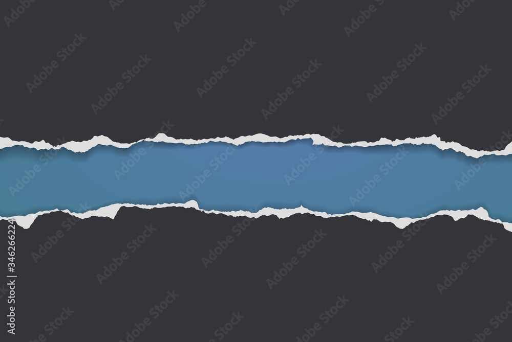 Torn, ripped pieces of horizontal black paper with soft shadow are on blue background for text. Vector illustration