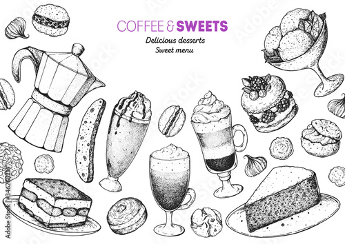 Coffee shop menu design. Hand drawn sketch illustration. Coffee, tea and desserts. Cafe menu elements. Desserts for breakfast.