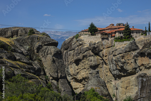 Monastery  located on rocky abyss top at height of more than 400 meters. Meteora is one of largest  most important complexes of Eastern Orthodox monasteries in Greece. Meteora  Peneas Valley  Greece.