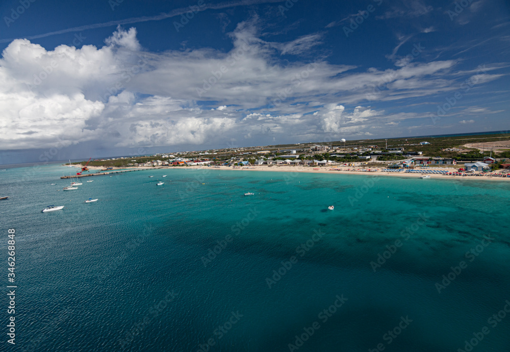 Top view of the beach. Colorful Caribbean island. Grand Turk.