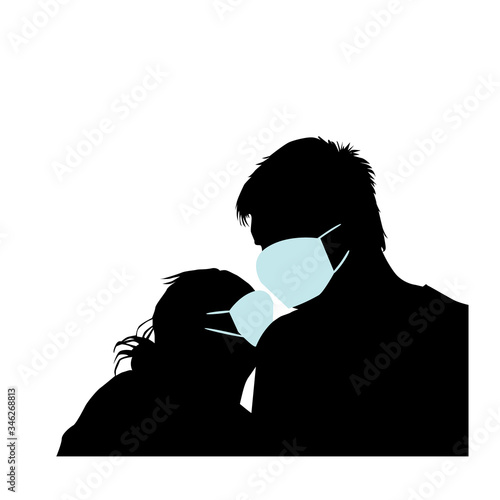 The silhouette of lovers in medical masks. Vector illustration