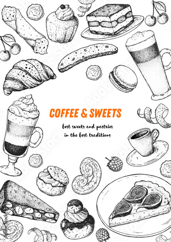 Coffee shop menu design. Hand drawn sketch illustration. Coffee and desserts. Cafe menu elements. Desserts for breakfast.