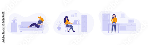 Set of vector illustrations with people performing different actions. Flat  vector illustration.
Pregnant girl lies on a sofa. Woman at cooking. Female sitting at the desk and working at the computer.