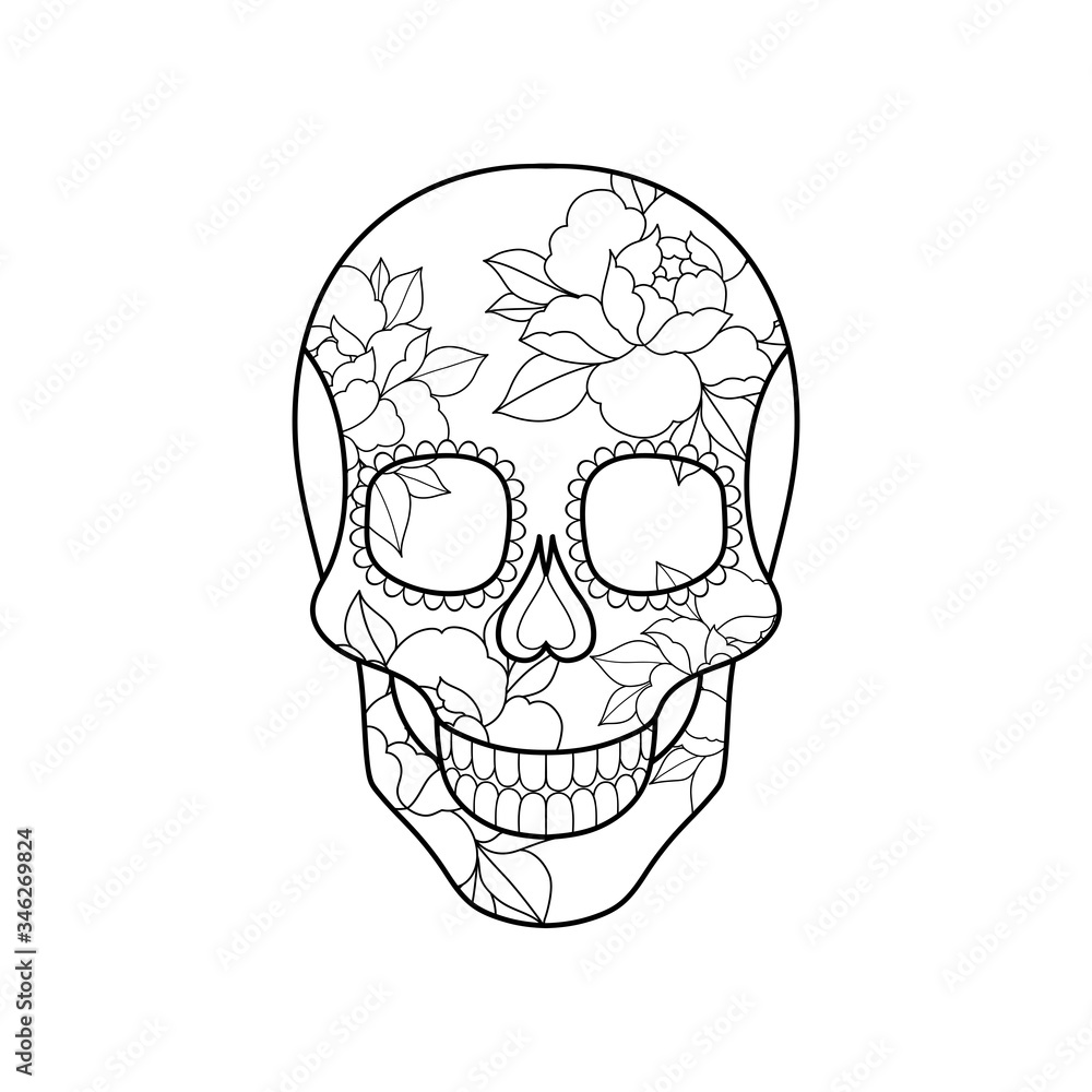 Abstract linear head of skull decorative with flower elements. Tattoo skull. Logo of the skull. Vector illustration Abstract linear head of skull decorative with flower elements. Tattoo skull. Logo of the skull. Vector illustration