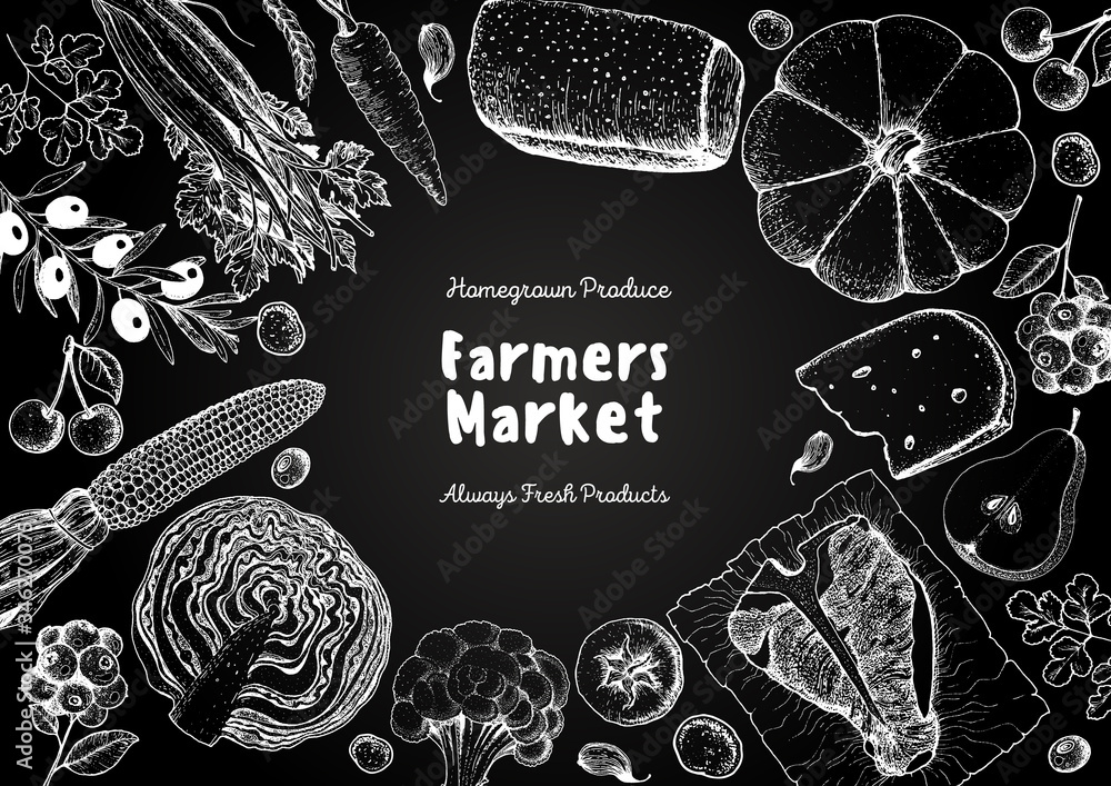 Organic food illustration. Farmers market design elements. Hand drawn sketch. Various food frame. Good food store concept. Organic food illustration. Farmers market design elements. Hand drawn sketch. Various food frame. Good food store concept.