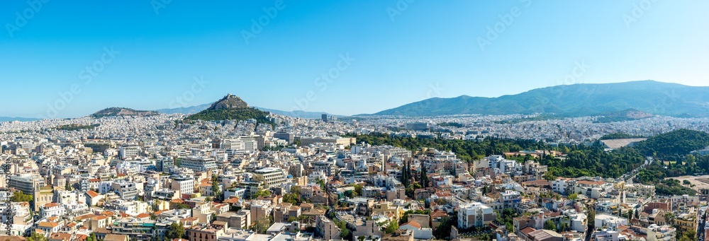 Panorama of Athens, Greece Featuring Mount Lycabettus, the National Garden, the Hymettus Mountain Range, and the Neighborhoods of Plaka, Kolonaki, and Syntagma