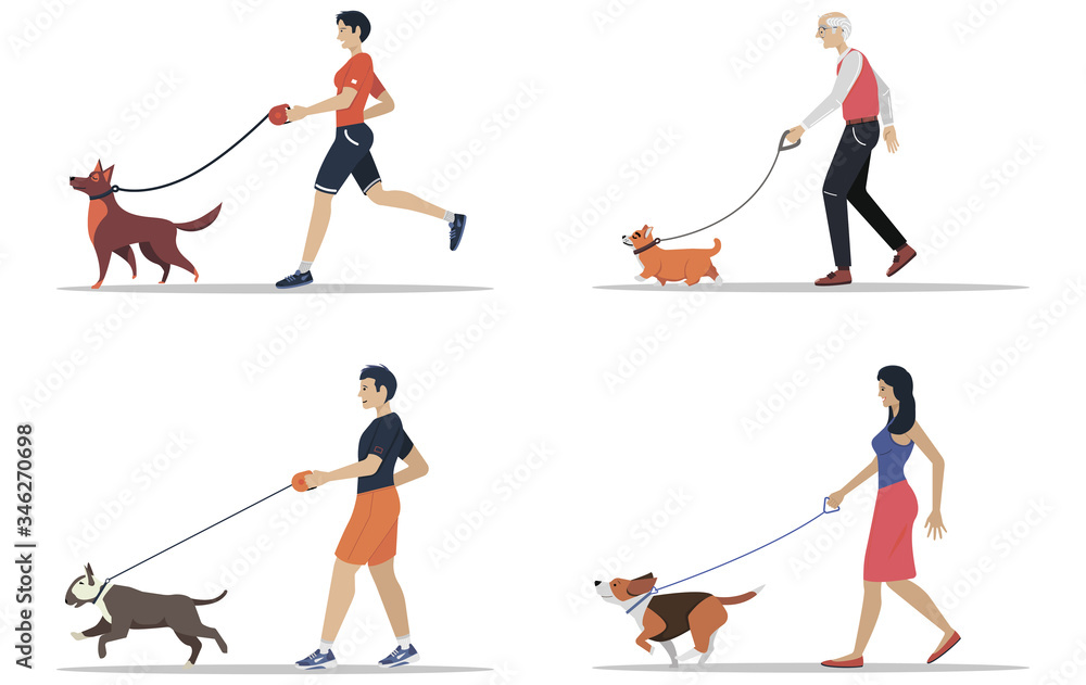 Man and women walking the dogs of different breeds. Active people, leisure time. Set of flat vector illustrations. Man and women walking the dogs of different breeds. Active people, leisure time. Set of flat vector illustrations.
