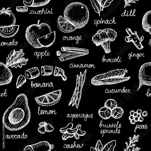 Vegetable, nuts and greens chalkboard graphic pattern