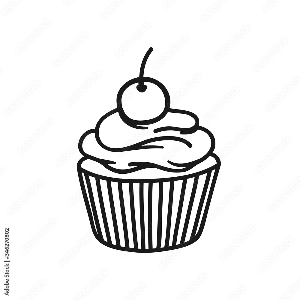 Cupcake with cherry on top line icon, outline vector sign, linear style pictogram isolated on white. Desert symbol, logo illustration. Pixel perfect vector graphics Cupcake with cherry on top line icon, outline vector sign, linear style pictogram isolated on white. Desert symbol, logo illustration. Pixel perfect vector graphics
