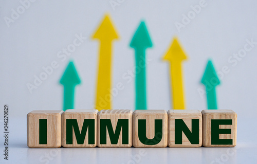 Word immunity on cubes against the background of yellow green arrows