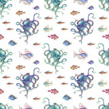 Seamless pattern - octopus and tropical fish - colored pencils illustration