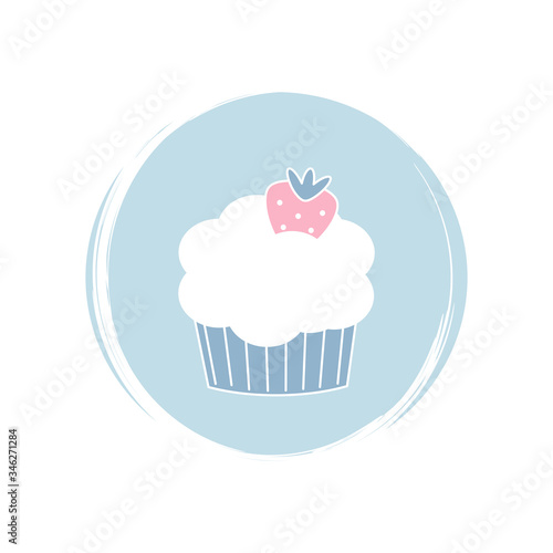 Strawberry cupcake icon logo vector illustration on circle with brush texture for social media story highlight