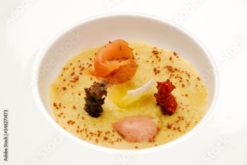 white plate with modern food