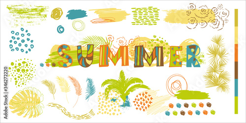 lettering summer for prints and a set of elements of tropical leaves and handwriting in the style of Scrabble to create a pattern for clothing and textiles