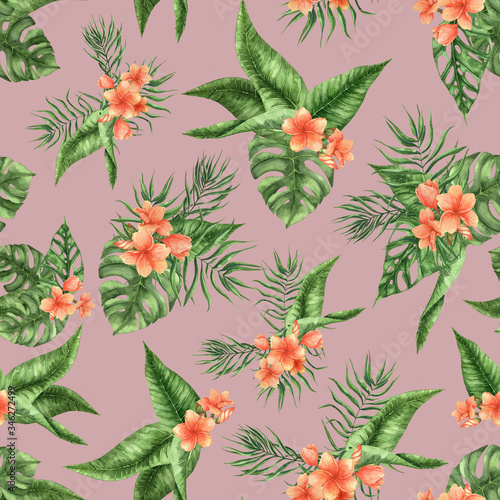 Seamless pattern with watercolor palm leaf. Plumeria pattern. Summer floral endless pattern.  Perfect for website design  packaging  wrapping paper  invitation  textile  fabrics  print  wallpaper.