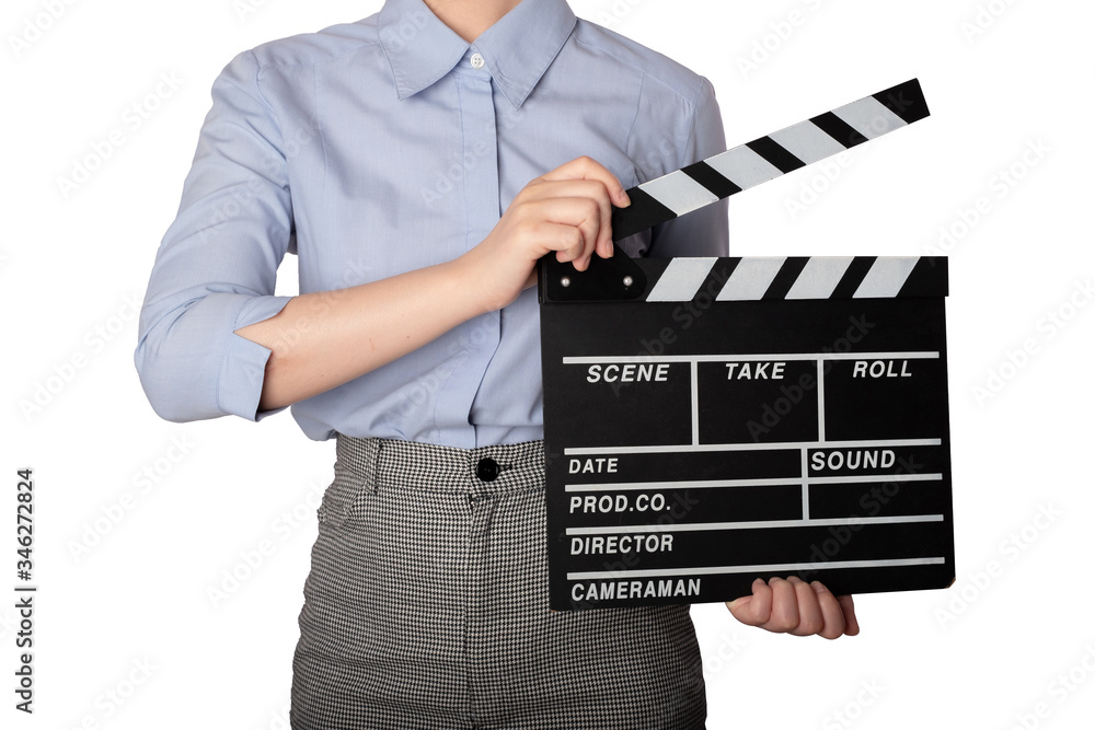 Woman holding Clapperboard or movie slate use in video production ,film, cinema industry. Woman holding Clapperboard or movie slate use in video production ,film, cinema industry.