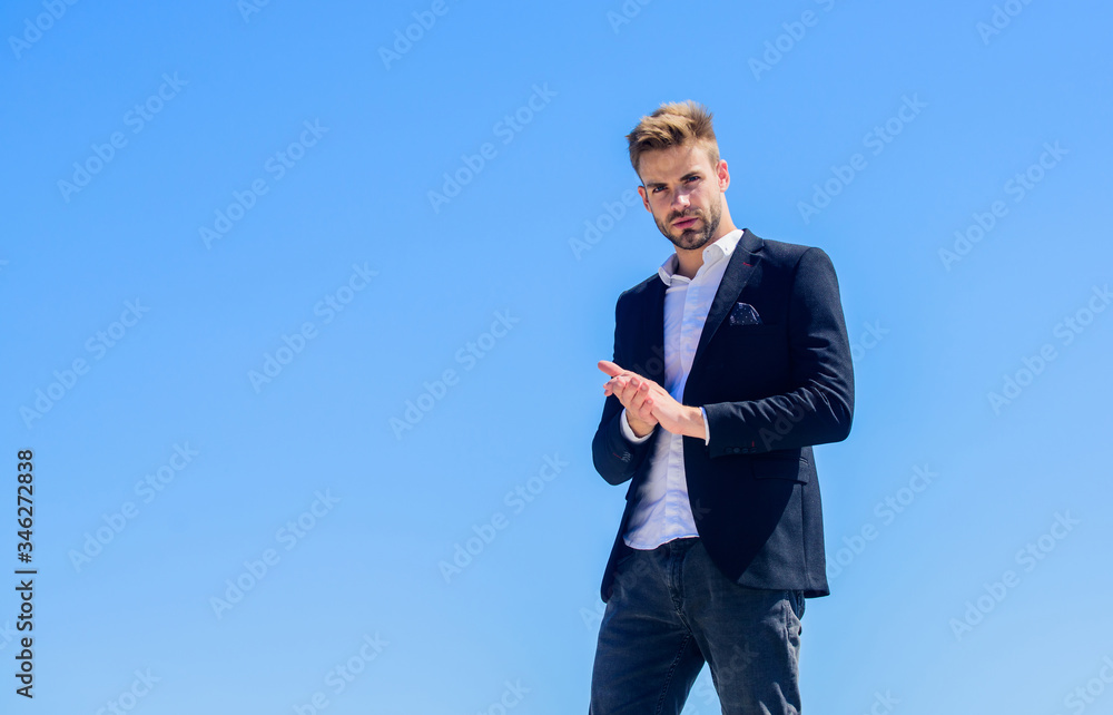 Young entrepreneur businessman. On top of world. Hipster with beard. Businessman against blue sky. Future success. Male formal fashion. Bearded man. Successful businessman. Handsome man wear suit