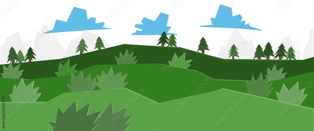 Obraz premium Paesaggio collinare. Boschi e prati verdi. Campagna in primavera. Panorama di campagna. Natura, colline e boschi. Alberi e cespugli. Stagione. Cielo con nuvole. 