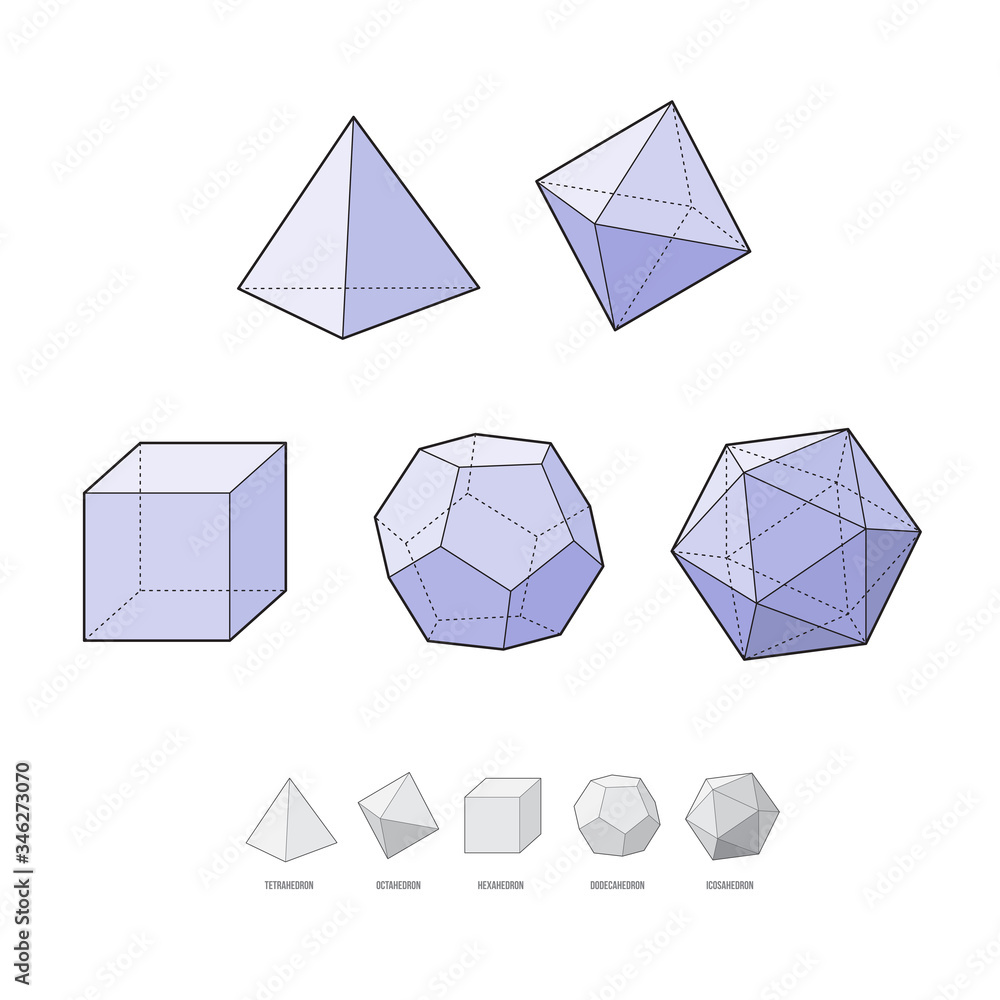 Platonic solids. Tetrahedron, cube, dodecahedron, hexahedron. Vector illustration isolated on white background Platonic solids. Tetrahedron, cube, dodecahedron, hexahedron. Vector illustration isolated on white background