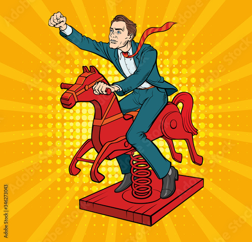 Businessman in a suit sitting on a toy horse. False achievements.