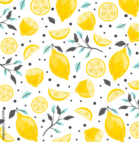 Summer pattern with sliced lemons. Vector illustration. Watercolor lemon fruit with leaves pattern on dark background. Lemon citrus tree. 