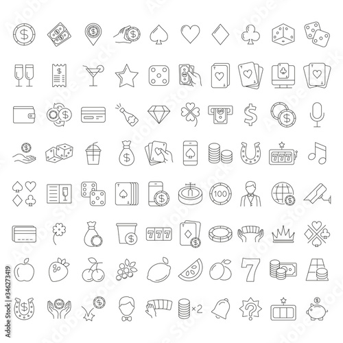 Casino and gamble set. Collection of vector line icons with elements for mobile concept and web app. Icons of slot machine, roulette, playing cards, dice, poker and more. Design with editable stroke.