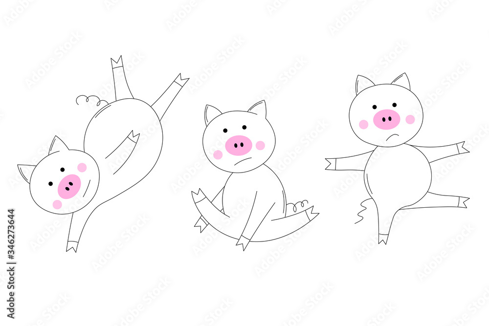 Animals set. The piglet does exercises, goes in for sports. Coloring Book for kids. Colouring pictures with cute pig. Outline vector illustration. Isolated cartoon adorable character. Template icons. Animals set. The piglet does exercises, goes in for sports. Coloring Book for kids. Colouring pictures with cute pig. Outline vector illustration. Isolated cartoon adorable character. Template icons.
