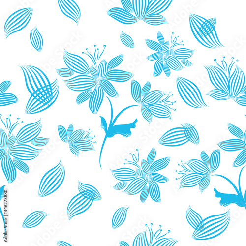The seamless background is monochrome blue flowers from the lines. Vector illustration