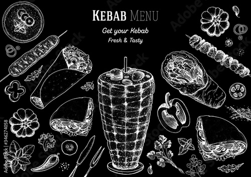 Doner kebab cooking and ingredients for kebab, sketch illustration. Arabic cuisine frame. Fast food menu design elements. Shawarma hand drawn frame. Middle eastern food.