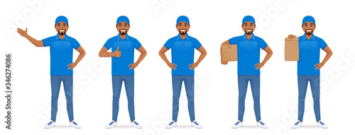 Handsome delivery man in blue uniform standing in different poses set isolated vector illustration