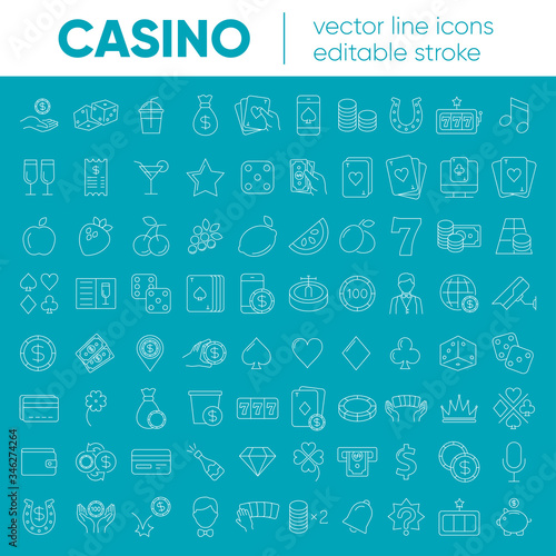 Casino and gamble set. Collection of vector line icons with elements for mobile concept and web app. Icons of slot machine, roulette, playing cards, dice, poker and more. Design with editable stroke.