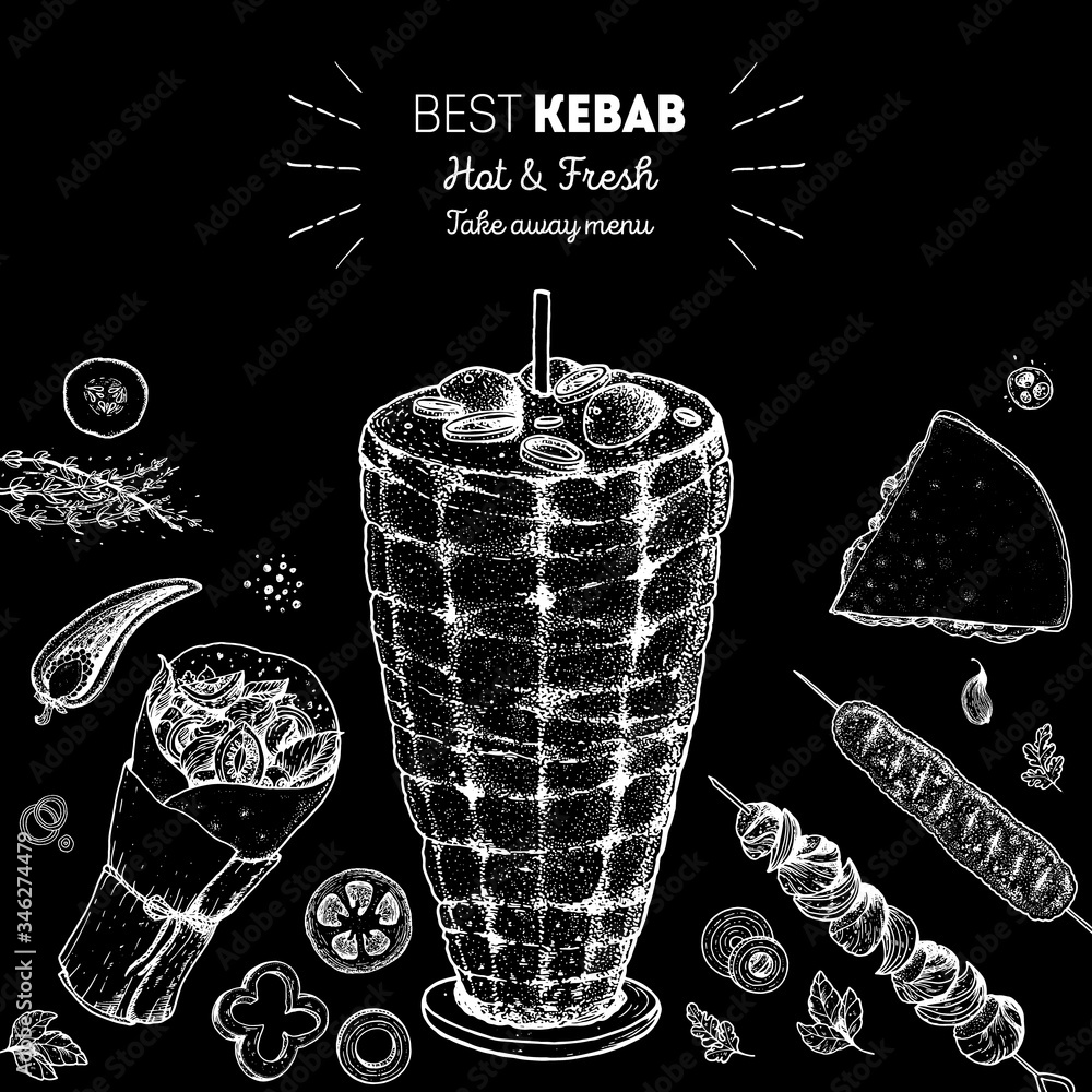Doner Kebab Cooking And Ingredients For Kebab Sketch Illustration doner-kebab-cooking-and-ingredients-for-kebab-sketch-illustration